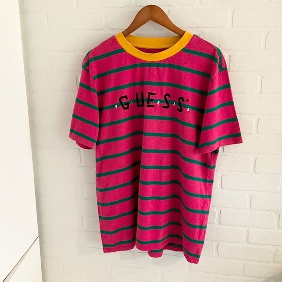 Guess x J Balvin Tee Short Sleeve Crew neckline Stripes Pink Green Yellow Sz M - Picture 3 of 11